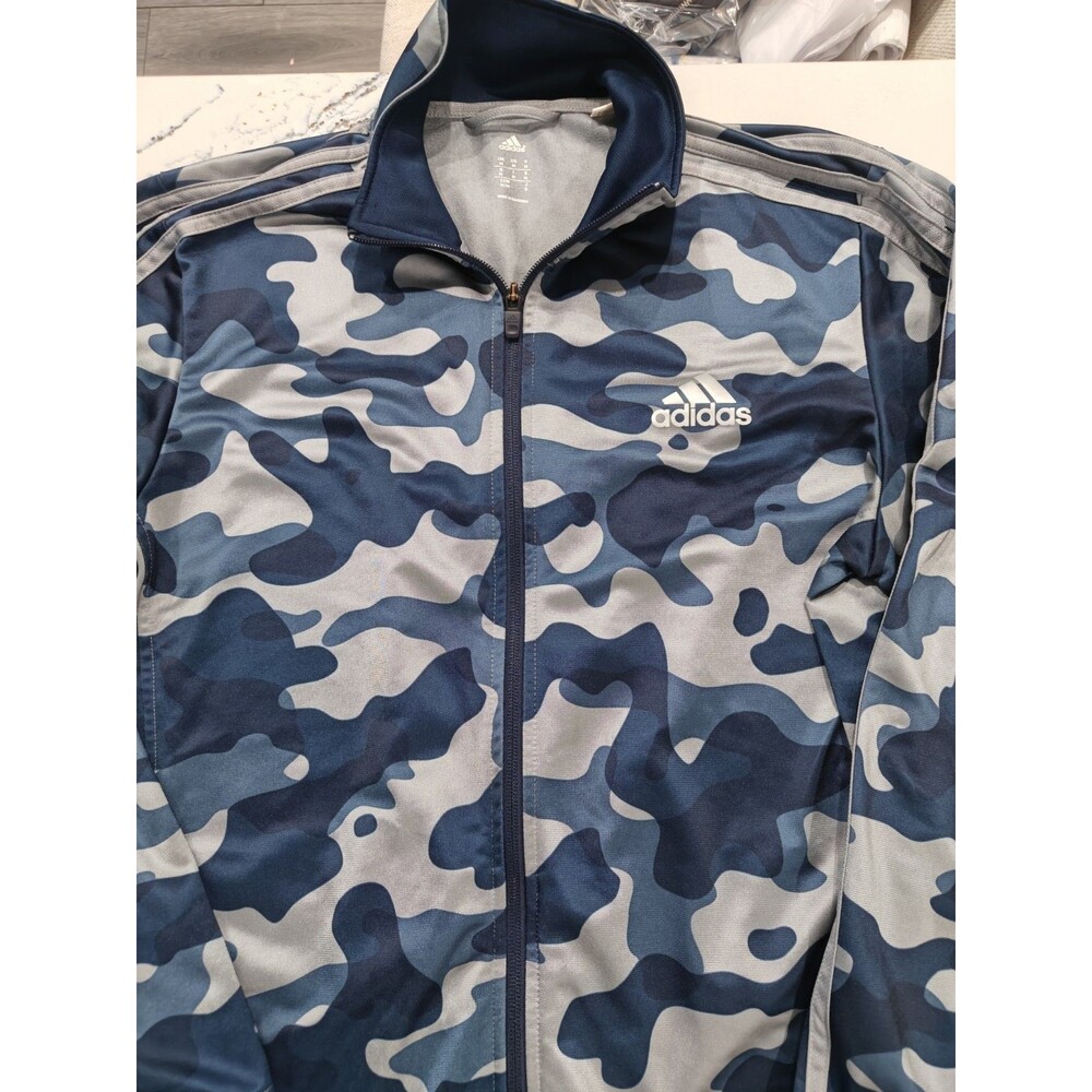 Adidas Jacket Mens M Blue Camouflage Full Zip Track 3 Stripe Logo Pockets Camo